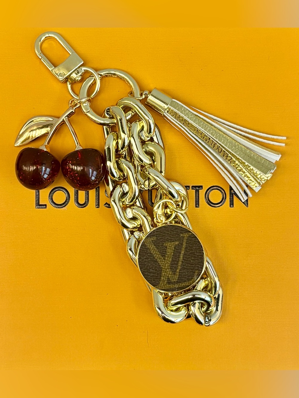 Louis Vuitton Monogram Bag Charm, Gold Chain, Cherries, tassel, Upcycled 6.5 in.